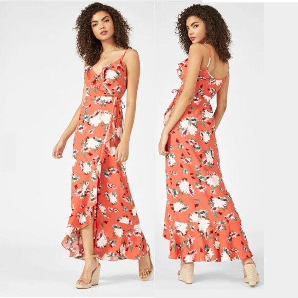 Nwot JustFab Orange Floral Wrap Dress - Picture 1 of 16